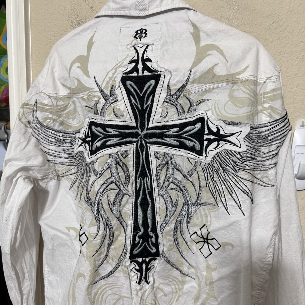 Roar Mens Button Up Shirt Cream Black Embroidered Cross sz M western
